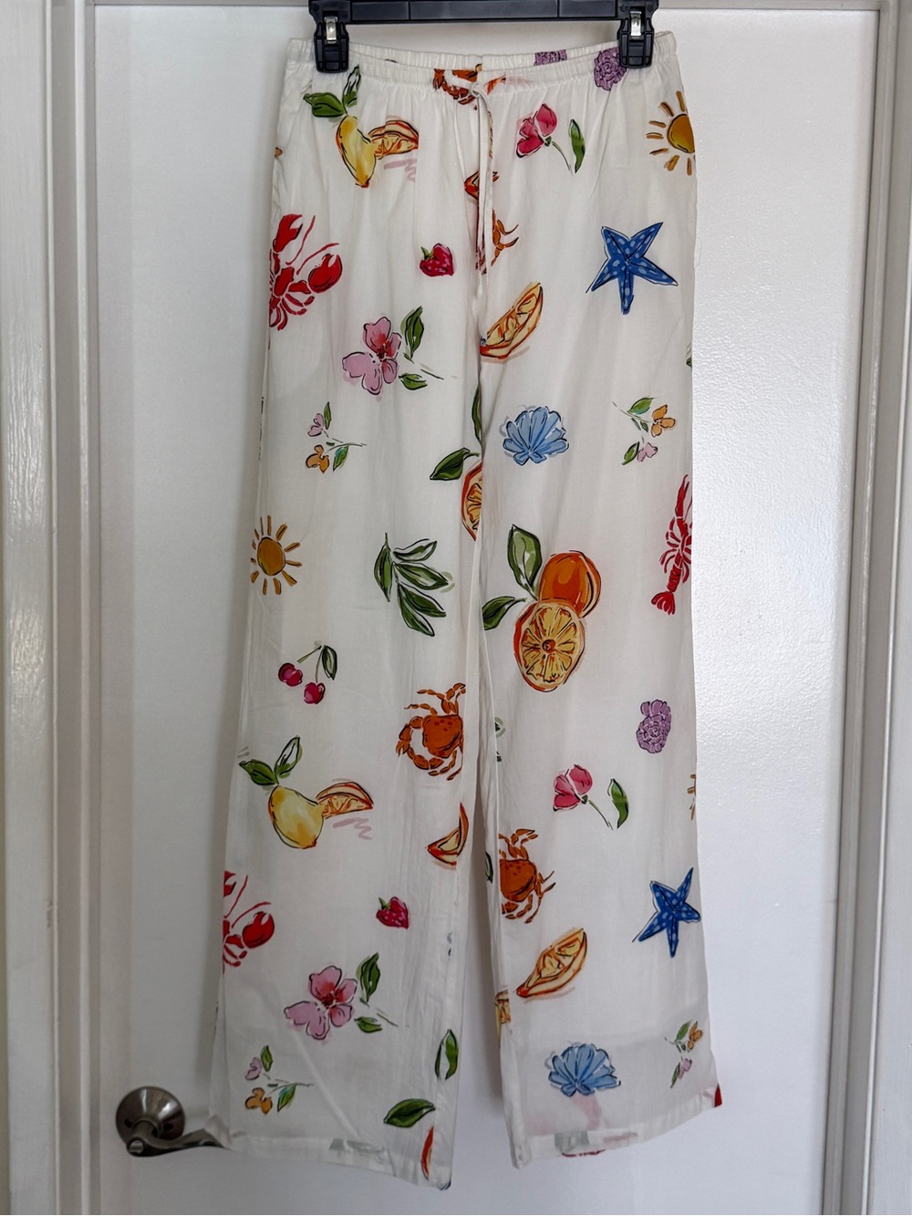 Pretty Garbage White Wide Leg Pants Citrus & Sea Life Print Small